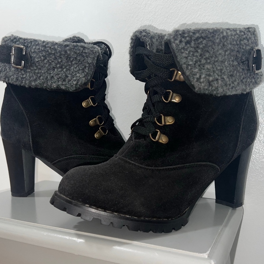 Black Lace-Up Fleece-Lined High Heeled Ankle Boots